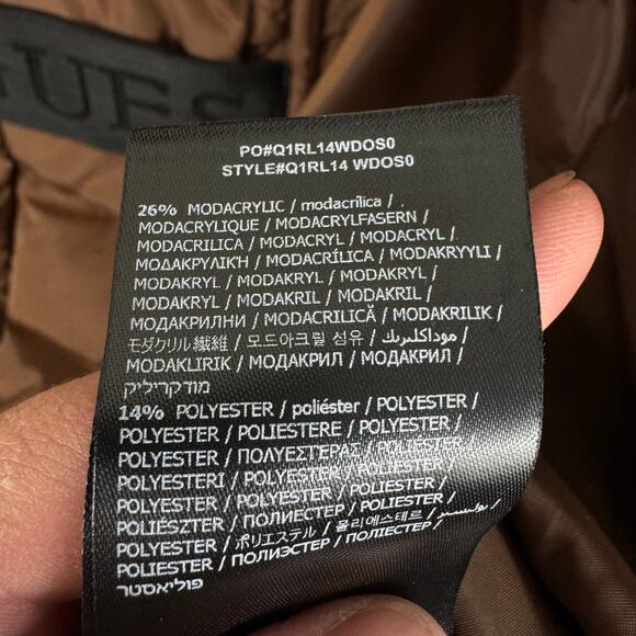 GUESS Janina Brown Long Line Faux Fur Hood Full Zip Down Puffer Jacket Size L - Picture 12 of 14